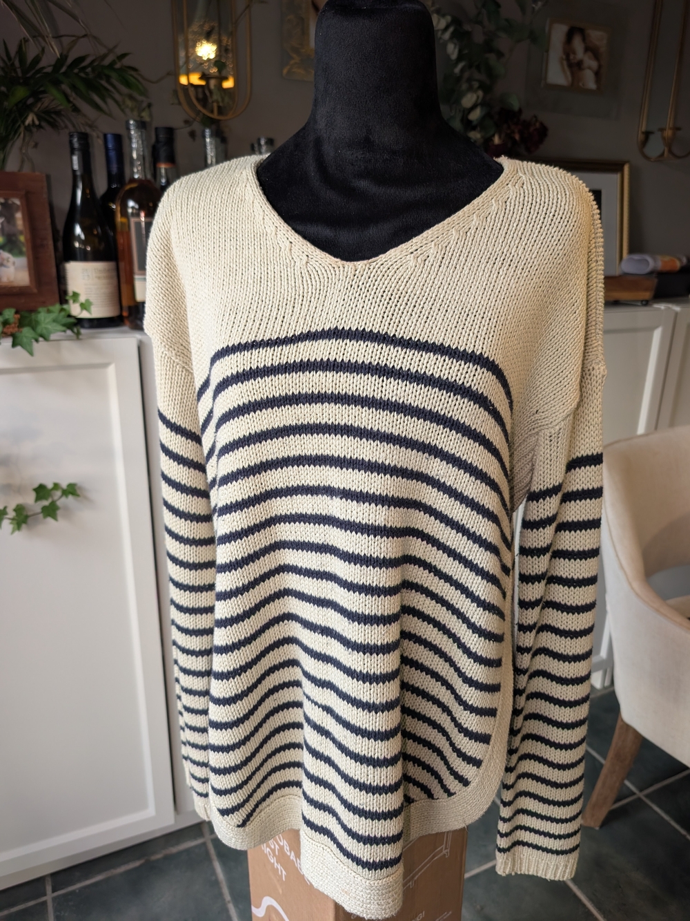 George Cream and Navy Striped V Neck Pullover Sweater
